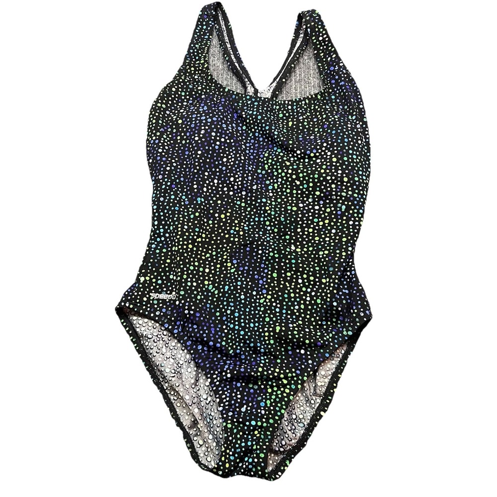 Speedo One Piece Fly Back Polka‎ Dot Paint Splatter Neon Women's Swimsuit 10 EUC
